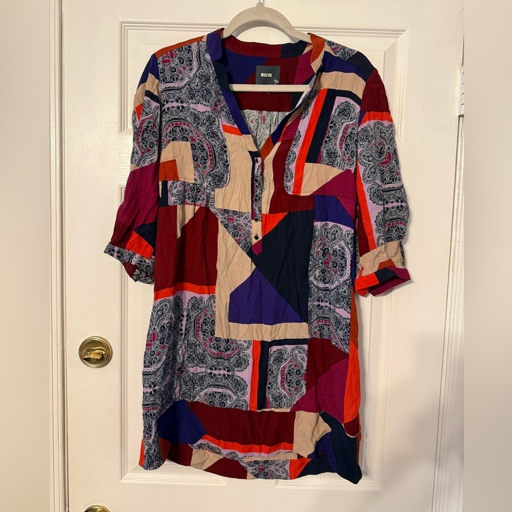 Maeve Multicolor Patchwork Mini Dress — Red, Purple, Navy & Cream